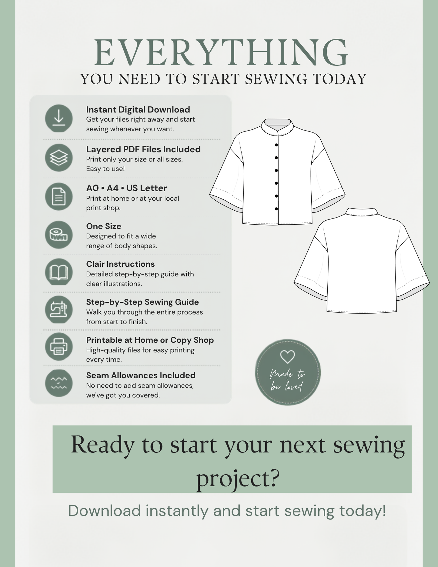 Promotional graphic for a digital sewing pattern listing, titled 'EVERYTHING YOU NEED TO START SEWING TODAY'. It features a white button-down shirt illustration, lists included digital files and formats, and highlights key features like instant download, layered PDF files, and a step-by-step sewing guide.
