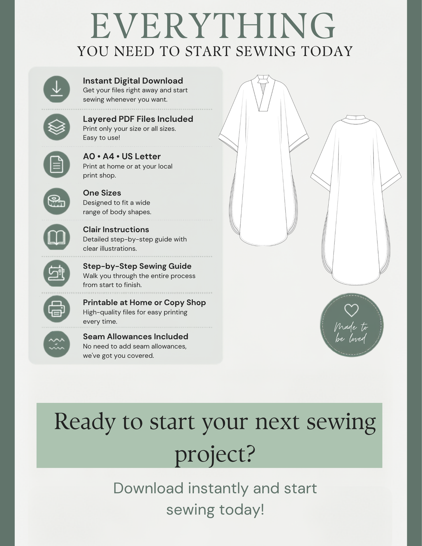 Promotional graphic for a sewing guide package titled 'EVERYTHING YOU NEED TO START SEWING TODAY'. The design features a white dress mockup on a sage green background, listing included digital files and features on the left, with a 'Ready to start your next sewing project?' banner at the bottom.