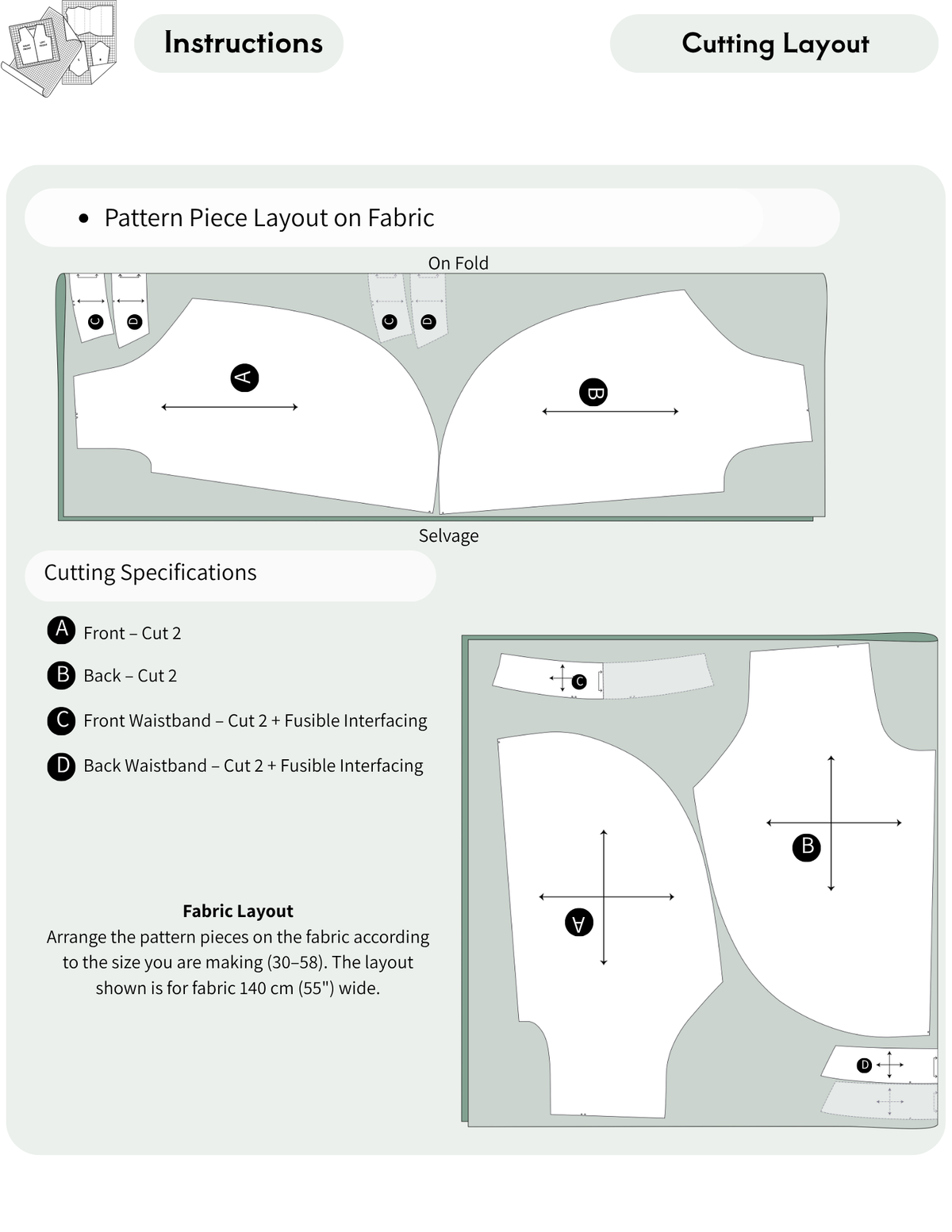 Fabric cutting layout guide for the Clara wide leg pants digital pattern, showing how to seamlessly arrange pattern pieces on woven fabric.