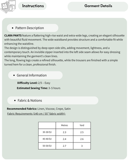 Pattern description, easy diffi culty level, and fabric requirements chart for the Clara wide leg pants sewing pattern.