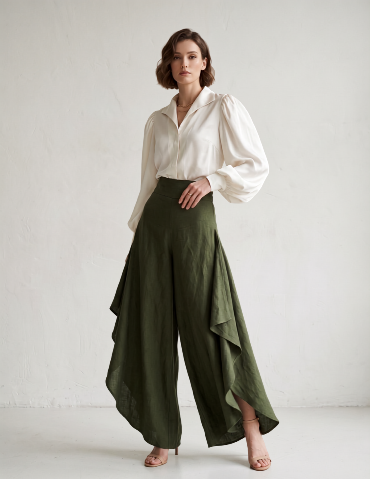 Angled view of the Clara high waisted wide leg pants, highlighting the beautiful drape and relaxed fi t of these chic DIY trousers.