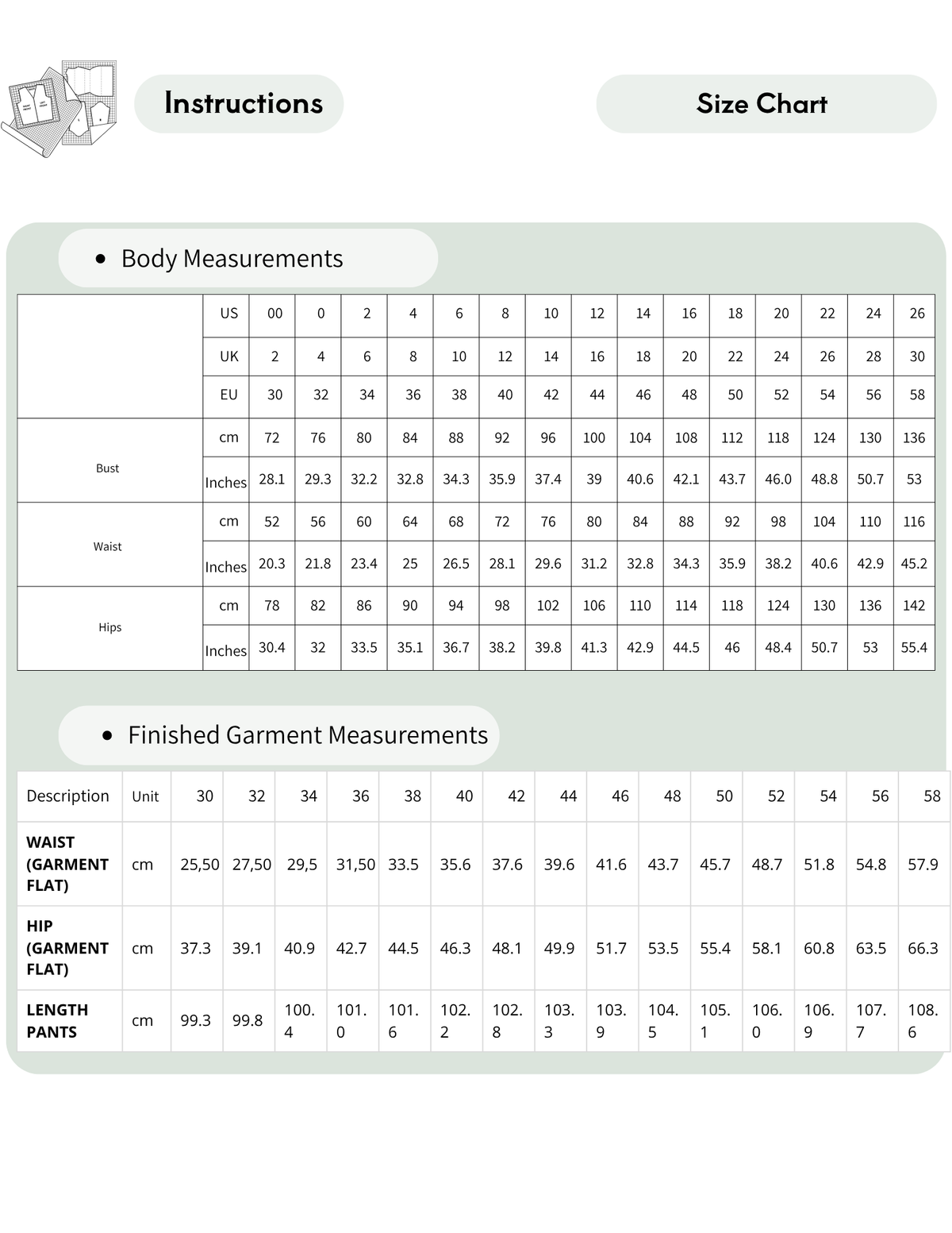 Detailed size chart for the Clara wide leg pants pattern PDF, including body measurements and fi nished garment sizes from EU 30 to 58.