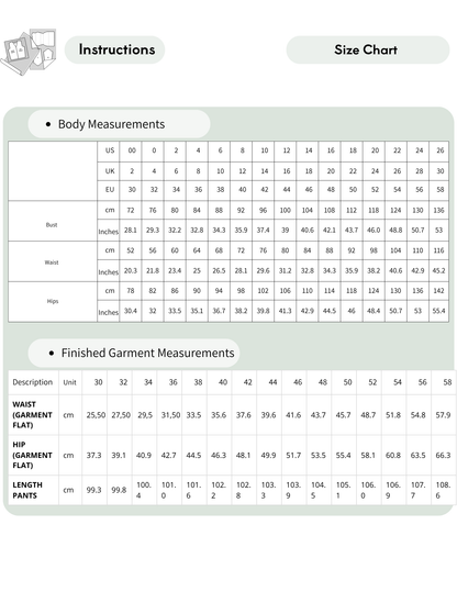 Detailed size chart for the Clara wide leg pants pattern PDF, including body measurements and fi nished garment sizes from EU 30 to 58.