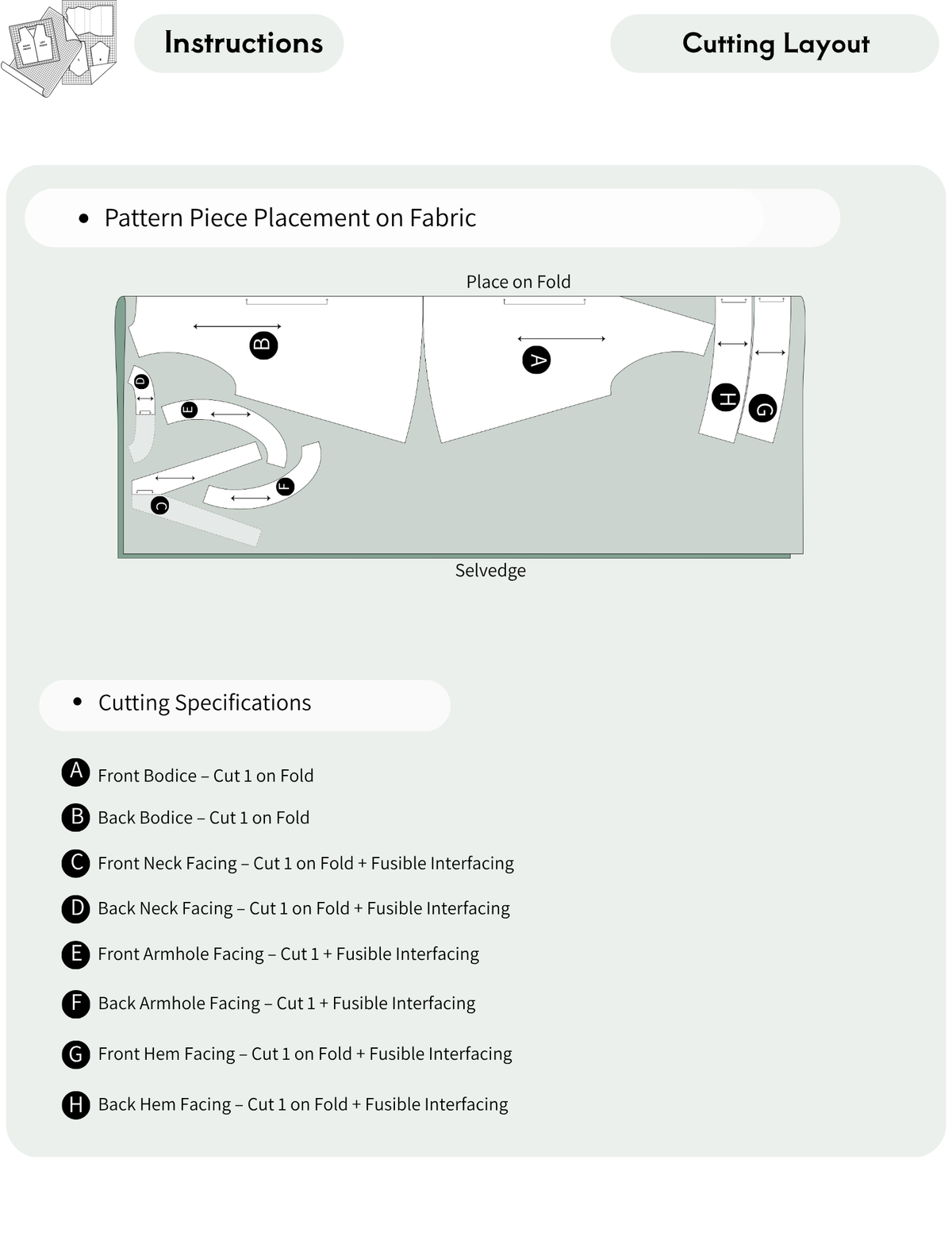 A digital template showing pattern piece placement on fabric and cutting specifications for sewing patterns, with labeled pieces and a list of instructions on a light gray background.