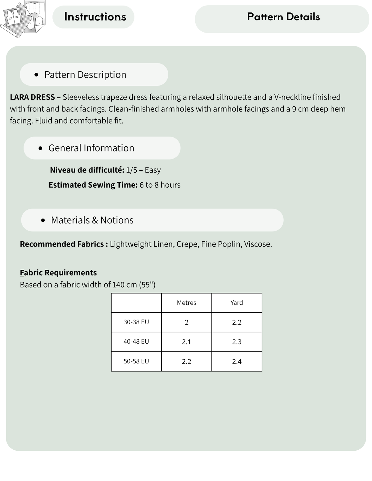 A digital sewing pattern instruction sheet for the 'LARA DRESS' in light gray. The page includes a 'Pattern Description' section, 'General Information' with a difficulty level of 1/5 and estimated sewing time of 6 to 8 hours, a list of recommended fabrics, and a 'Fabric Requirements' table showing conversions between metres and yard based on EU weight.