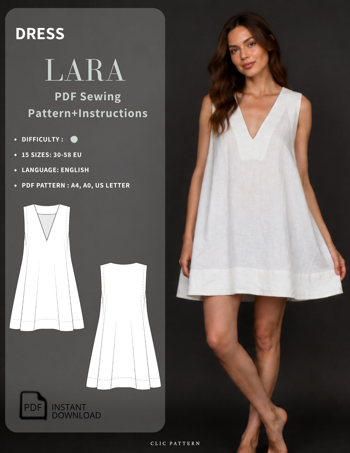 Promotional graphic for a PDF sewing pattern of a sleeveless white dress, showing a woman modeling the dress on the right and front/back line drawings on the left, with text including 'DRESS', 'LARA', 'PDF Sewing Pattern+Instructions', and 'PDF INSTANT DOWNLOAD'.