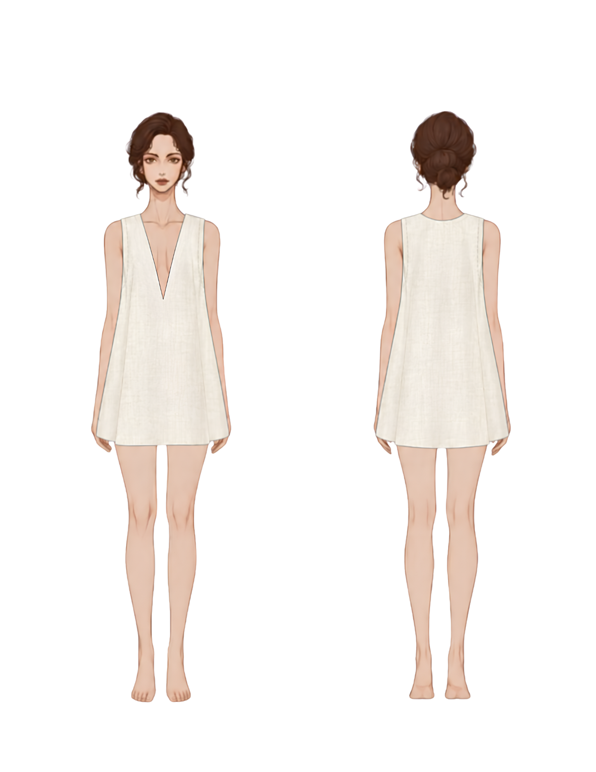 Front and back views of a sleeveless cream-colored dress with a deep V-neckline, shown on a stylized female model against a plain white background.