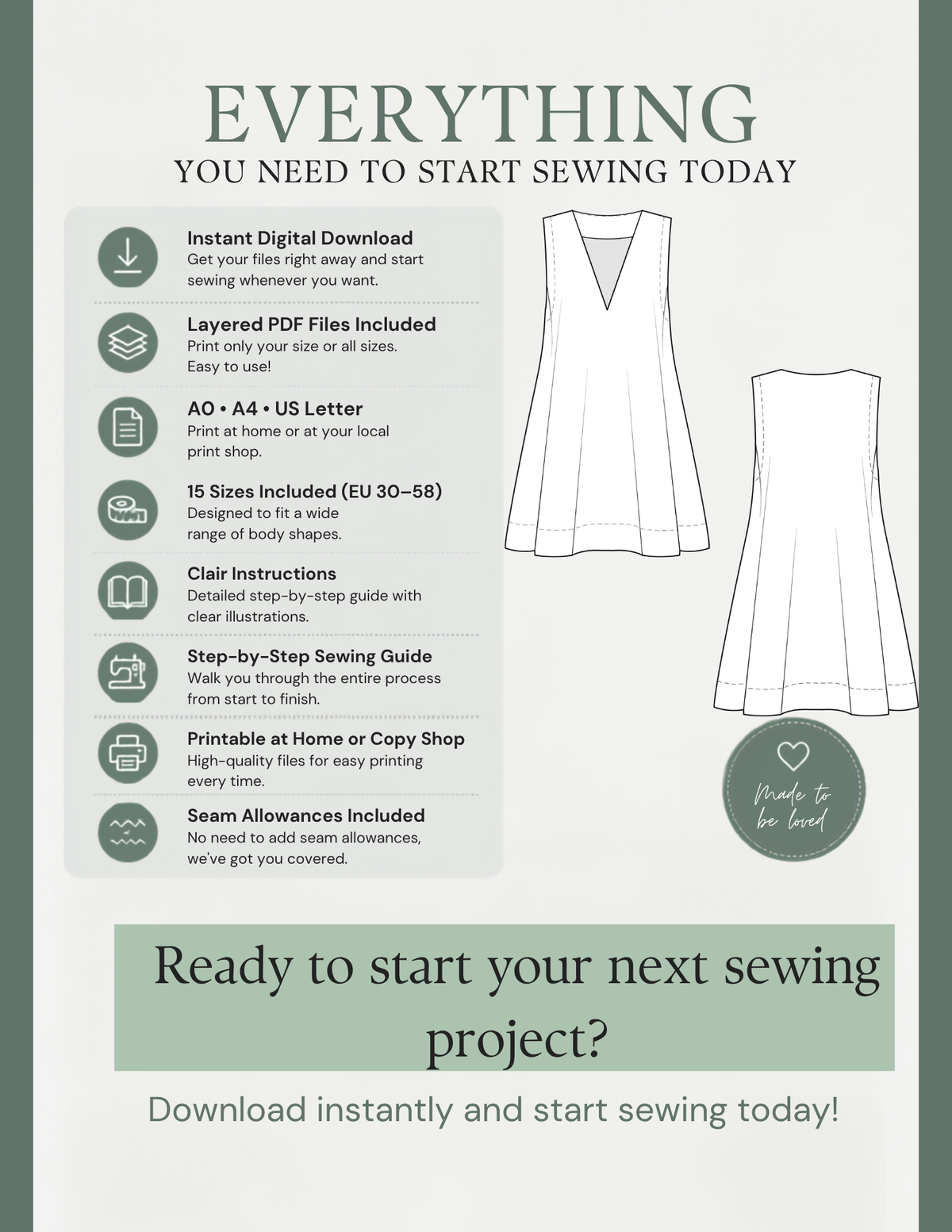 Promotional graphic for a sewing pattern download, showing a front-view garment sketch, a back-view garment sketch, and a circular badge that says 'Made in UK to be Proud.' Text lists features such as instant digital download, layered PDF files, multiple paper sizes, clear instructions, and printable home or copy shop quality files.