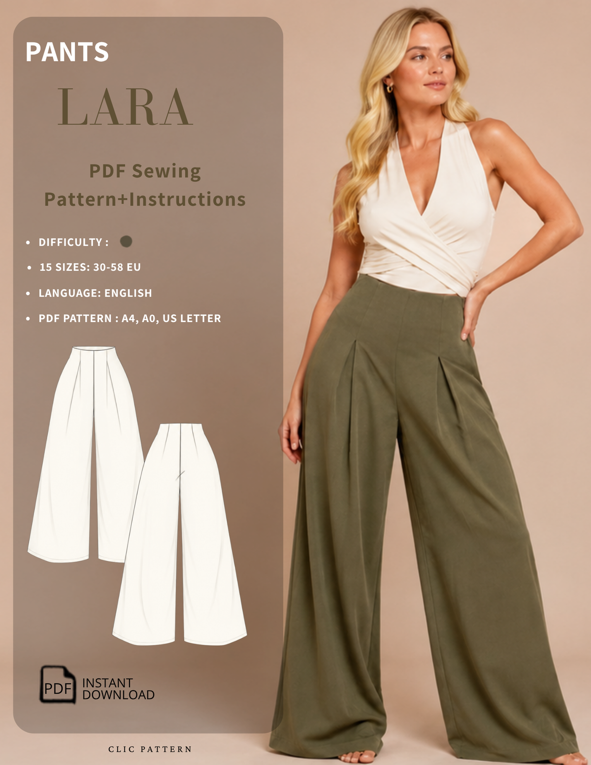 LARA high waist wide leg pants sewing pattern PDF, 15 sizes EU 30-58, Clic Pattern