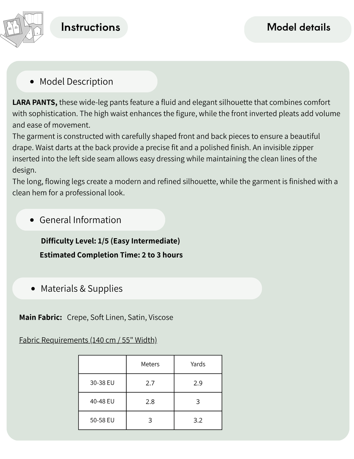 LARA pants sewing pattern details including fabric recommendations, difficulty level, sewing time and fabric requirements