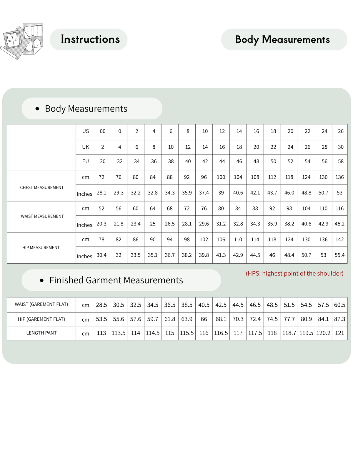 LARA pants sewing pattern size chart with body and finished garment measurements for EU sizes 30 to 58