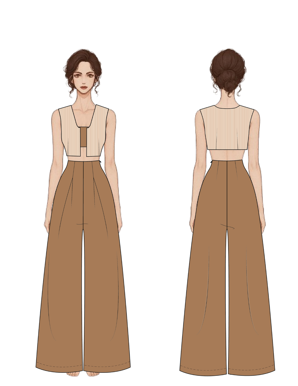 LARA pants sewing pattern technical drawing showing front and back views with wide legs, inverted pleats and side zipper