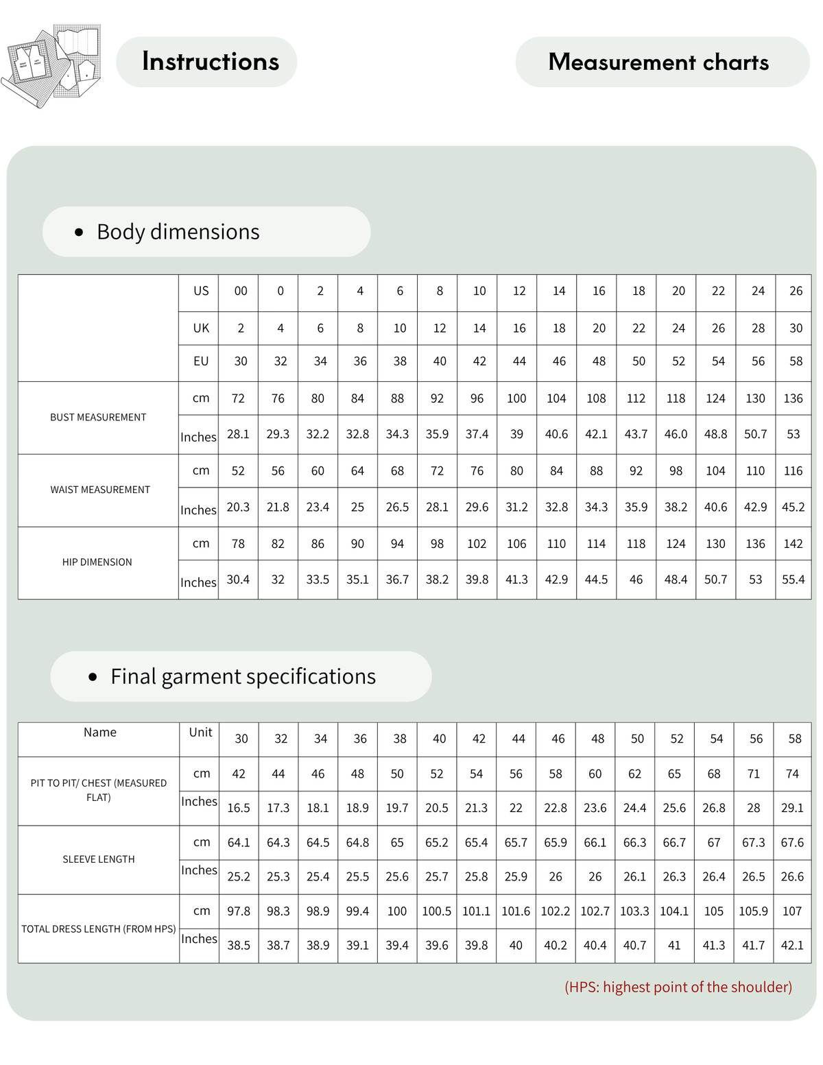 Lili Dress sewing pattern measurement chart showing body and finished garment measurements for EU sizes 30–58