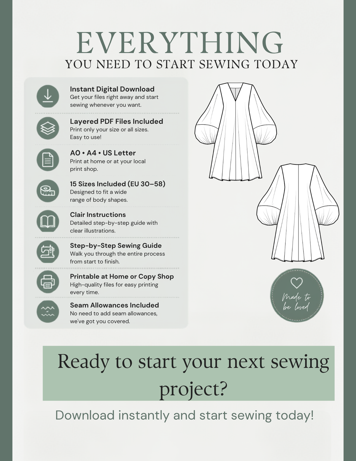 Lili Dress PDF sewing pattern digital download featuring layered files, A0, A4 and US Letter formats, 15 sizes and sewing instructions