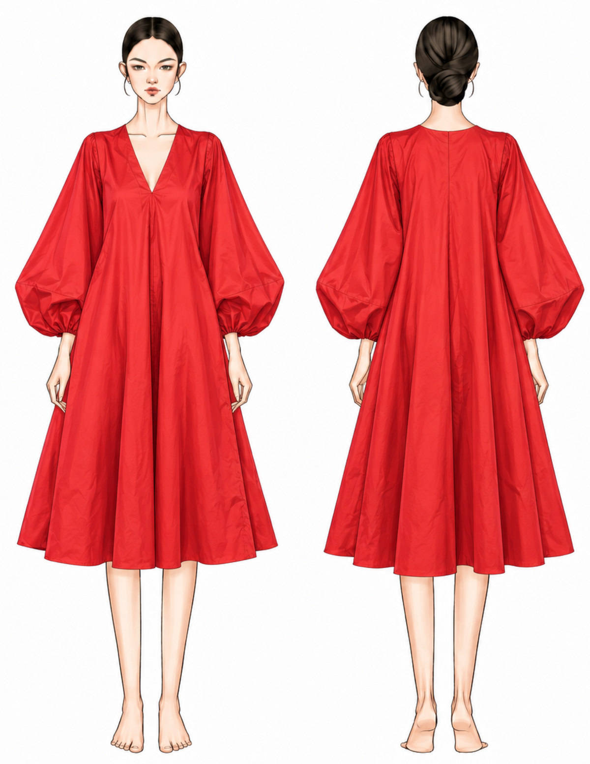 Lili Dress technical fashion drawing showing front and back views with V-neckline, puff sleeves and flared silhouette