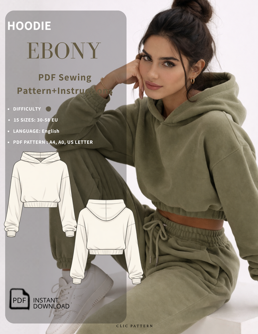 Promotional graphic for a PDF sewing pattern of an olive green cropped hoodie and matching sweatpants set, featuring a model wearing the outfit and line drawings of the front and back views on the left.