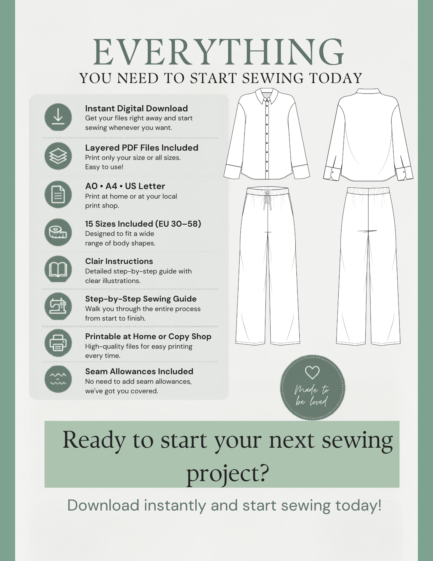 Rosie Set digital sewing pattern with instant download, layered PDF files, 15 sizes and A0, A4 and US Letter formats