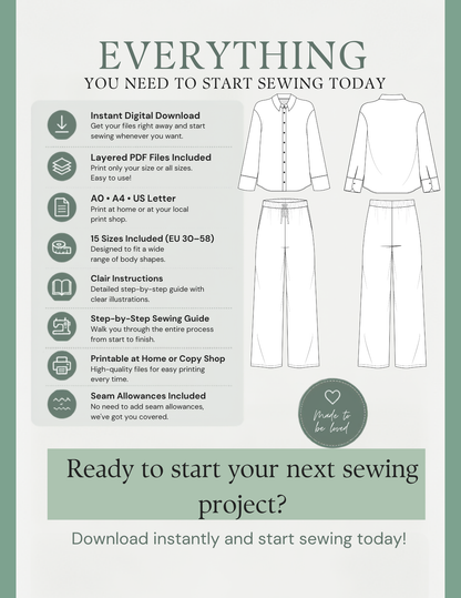 Rosie Set digital sewing pattern with instant download, layered PDF files, 15 sizes and A0, A4 and US Letter formats
