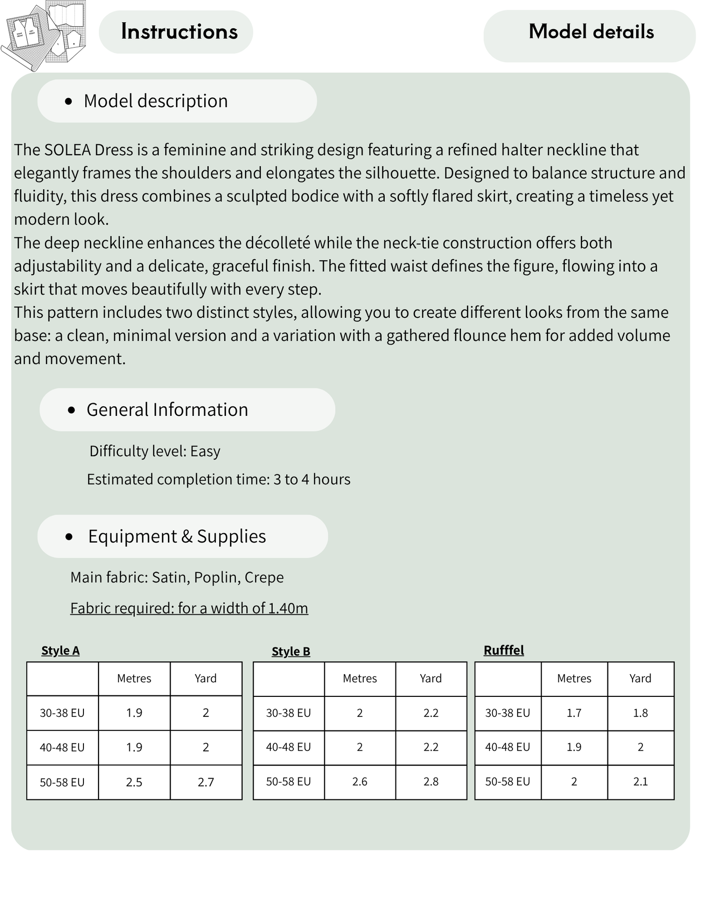 An instructional and informational graphic for the SOLEA Dress, showing a model description, general information, equipment and supplies, and three style tables labeled Style A, Style B, and Ruffel with measurements in EU and yards.
