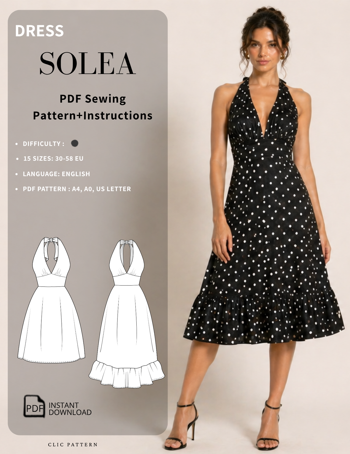 Promotional graphic for a dress sewing pattern by Solea, showing a woman modeling a black halter midi dress with white polka dots, alongside the pattern cover with text and flat dress sketches.