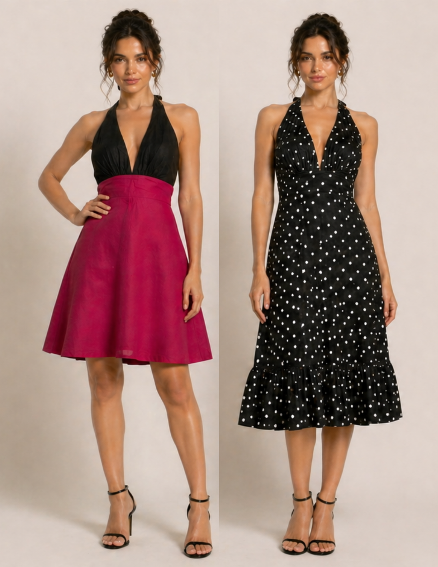 Two women modeling sleeveless midi dresses against a plain light beige studio background. The left model wears a halter-neck dress with a black bodice and bright pink skirt.