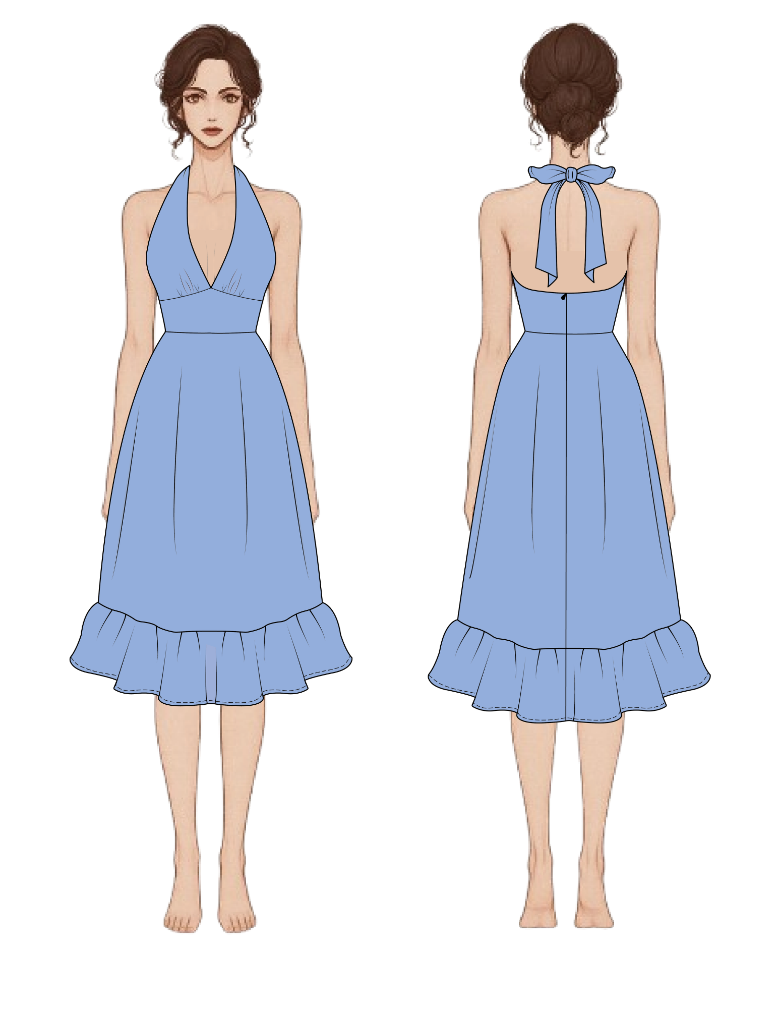 Blue dress shown from front and back on a white background