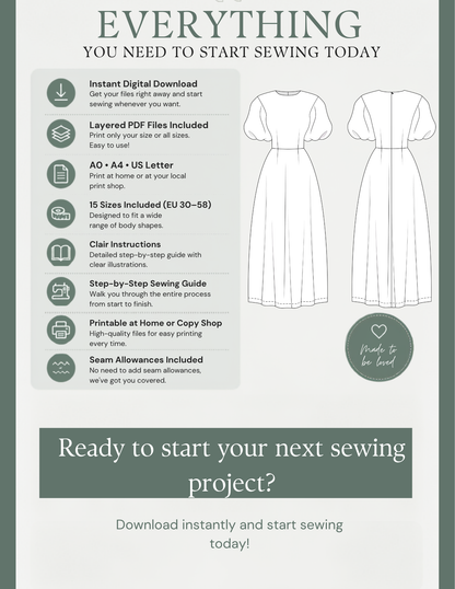PILAR digital dress sewing pattern features including instant download, layered PDF fi les, A0, A4 and US Letter printing formats, 15 sizes EU 30–58 and illustrated sewing instructions