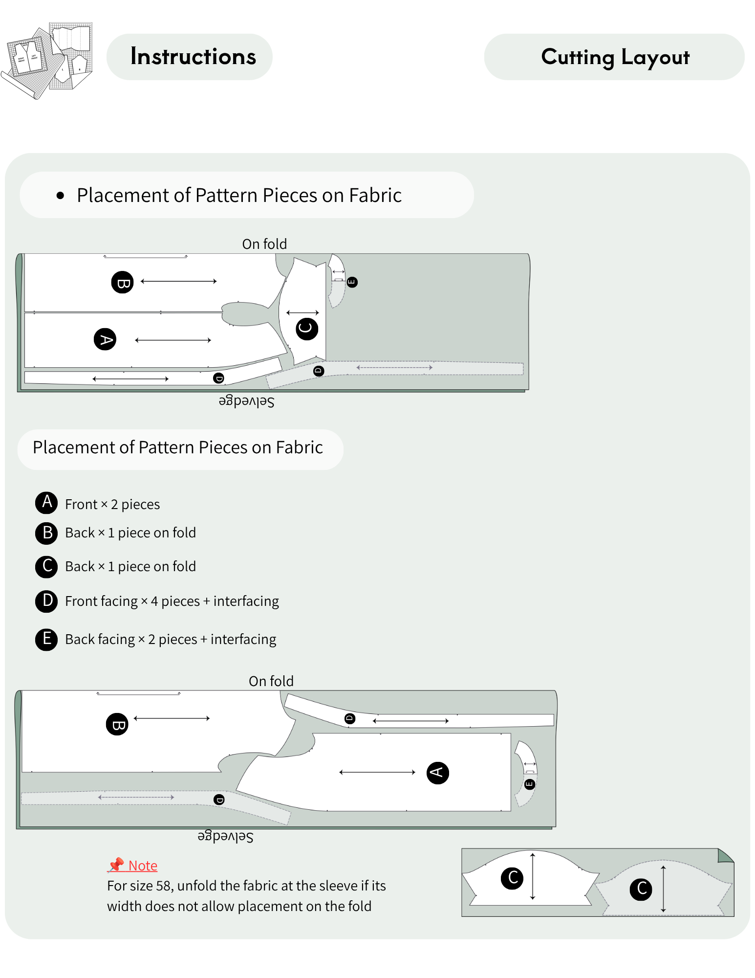 A sewing pattern instruction sheet showing cutting layout and placement of pattern pieces on fabric, with labeled diagrams, size notes, and folding instructions.