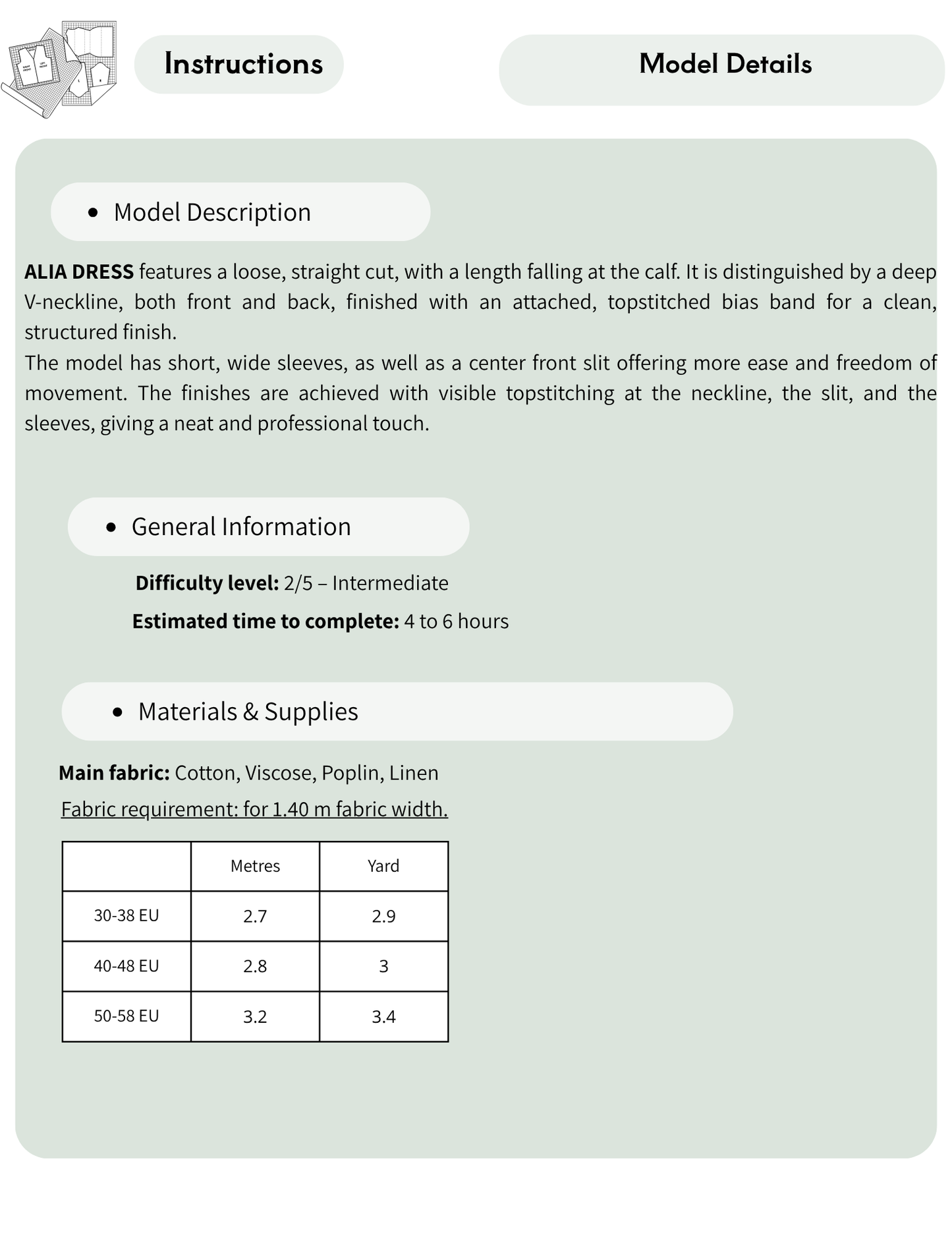 ALIA women's dress sewing pattern 
details showing intermediate 
difficulty, fabric requirements and 
recommended fabrics
