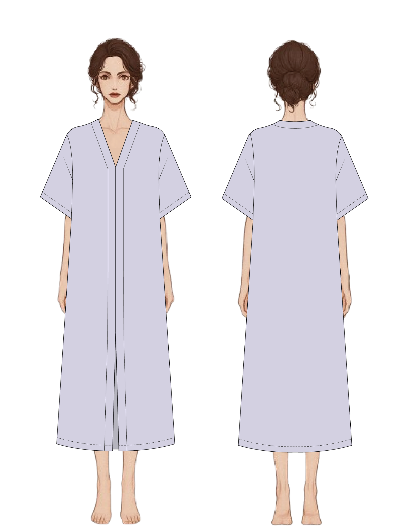 Front and back views of a loose, short-sleeve kaftan-style robe or nightgown in a very light lavender-gray color, shown on a plain white background. 
ALIA women's V-neck dress sewing 
pattern PDF cover showing the loose 
short-sleeve dress and pattern 
illustrations