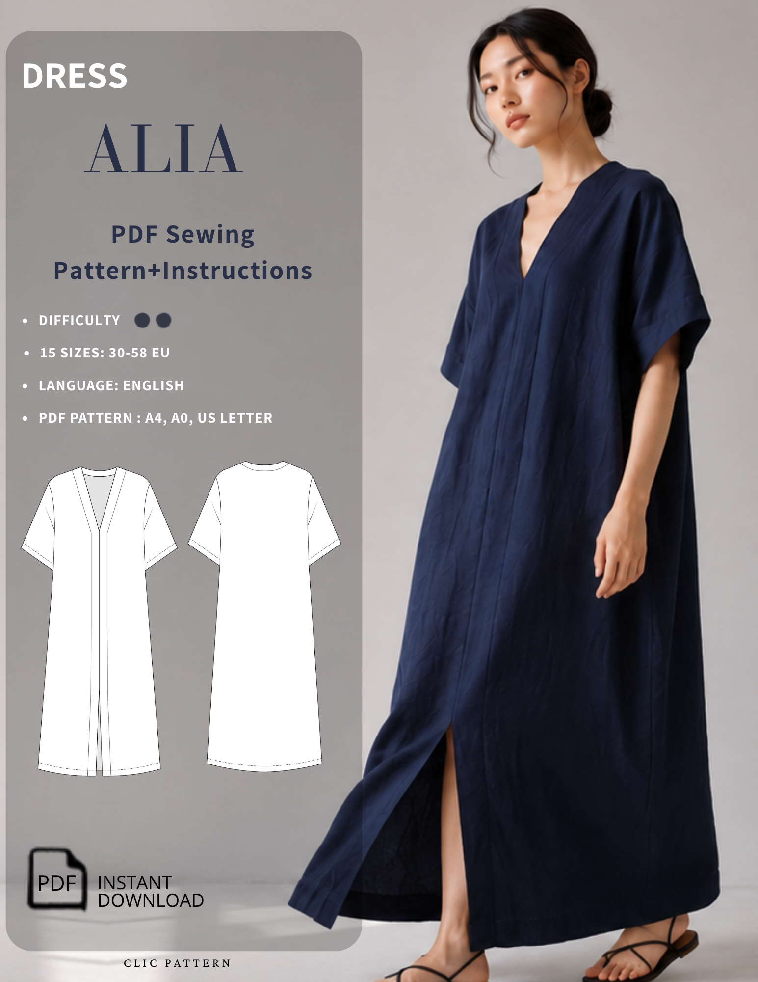 Promotional graphic for the ALIA dress sewing pattern by CLIC PATTERN, showing a woman wearing a loose navy maxi dress on the right and pattern preview diagrams on the left, with text including 'PDF Sewing Pattern+Instructions' and 'PDF Pattern - A4, A0, US Letter'.