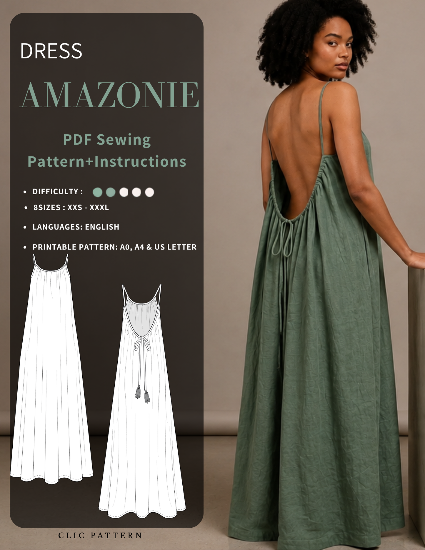 Amazonie Maxi Dress Sewing Pattern PDF featuring a flowing open back summer dress with printable sewing pattern, front and back technical drawings, sizes XXS - XXXL