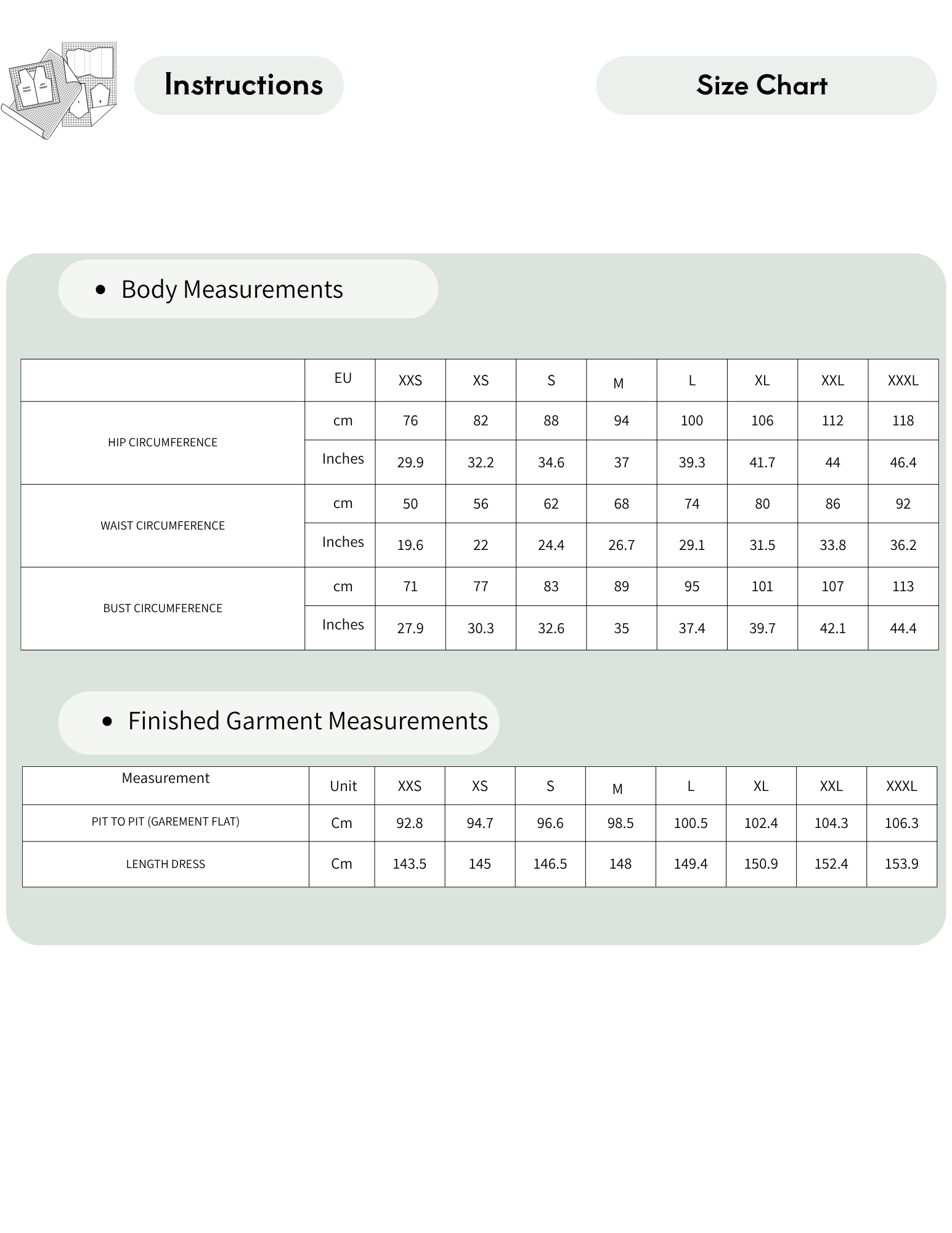 Amazonie Maxi Dress 
Sewing Pattern PDF 
size chart including 
body measurements 
and finished garment 
measurements from 
XXS to XXXL
