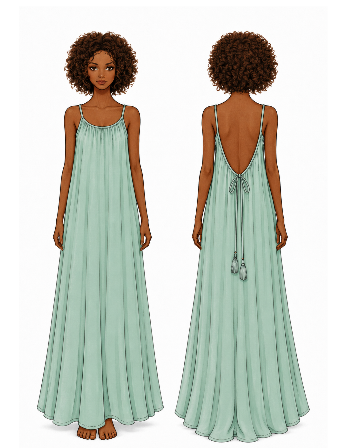 Front and back 
illustration of the 
Amazonie open back 
maxi dress sewing 
pattern showing the 
flowing silhouette, 
adjustable back tie and 
shoulder straps