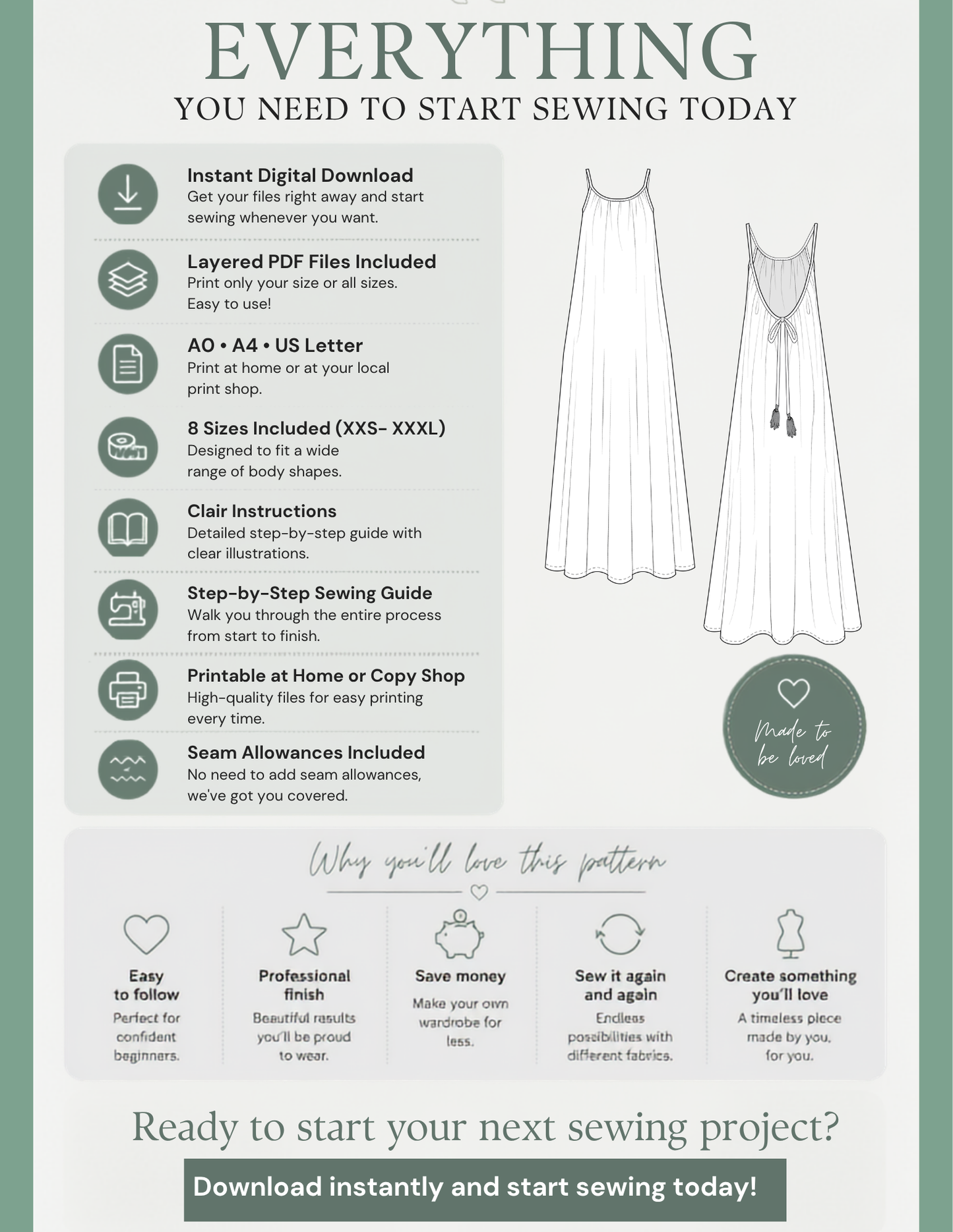 Amazonie Maxi Dress 
Sewing Pattern PDF 
including A0, A4, US 
Letter files, layered 
PDF, illustrated 
instructions and 
instant digital 
download
