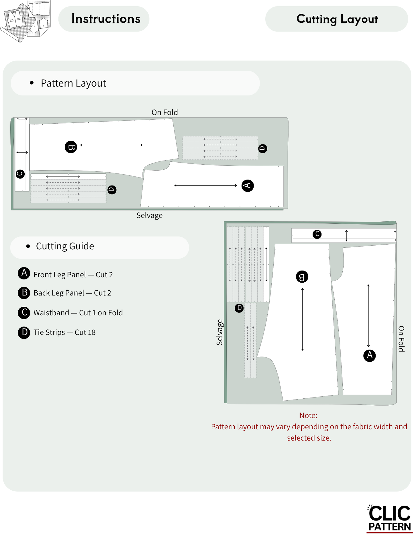 Instruction sheet showing pattern layout and cutting layout for a sewing pattern, with labeled panels, arrows, and a notes section. The brand name CLIC PATTERN appears in the bottom right corner.
