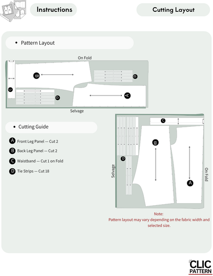 Instruction sheet showing pattern layout and cutting layout for a sewing pattern, with labeled panels, arrows, and a notes section. The brand name CLIC PATTERN appears in the bottom right corner.