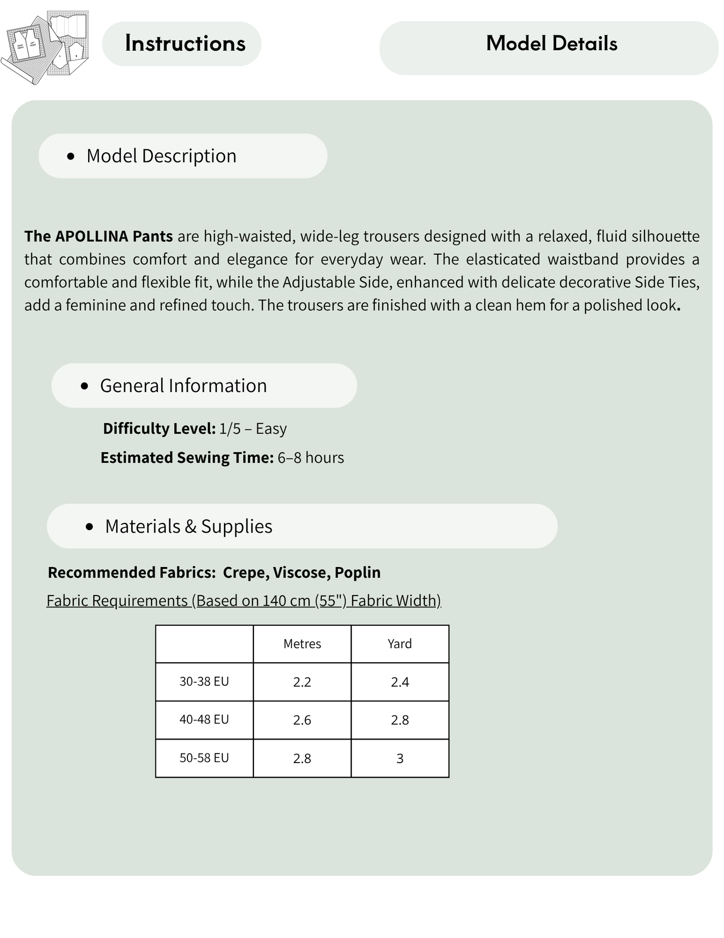 A digital template page for sewing pattern instructions and model details for 'The APOLLINA Pants', showing fabric requirements in a table format on a pale sage green background.