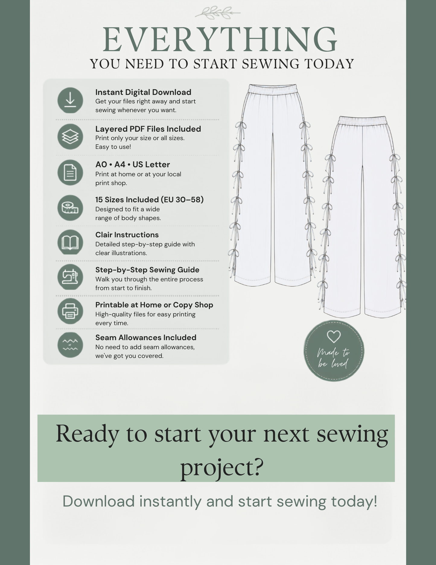Promotional graphic for a digital sewing pattern listing, titled 'EVERYTHING YOU NEED TO START SEWING TODAY'. The design features a light sage green and white color scheme with line drawings of a floral skirt and matching shorts.