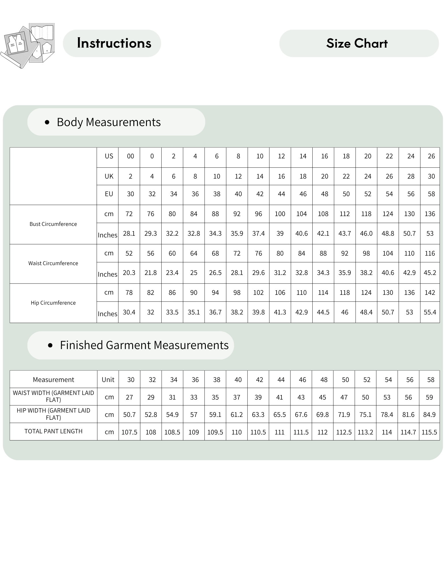 A size chart and instructions table for garments, with sections for body measurements and finished garment measurements, shown on a white background with blue and gray header tabs.