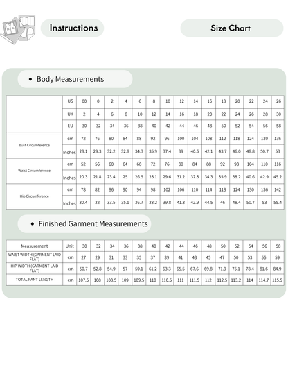 A size chart and instructions table for garments, with sections for body measurements and finished garment measurements, shown on a white background with blue and gray header tabs.