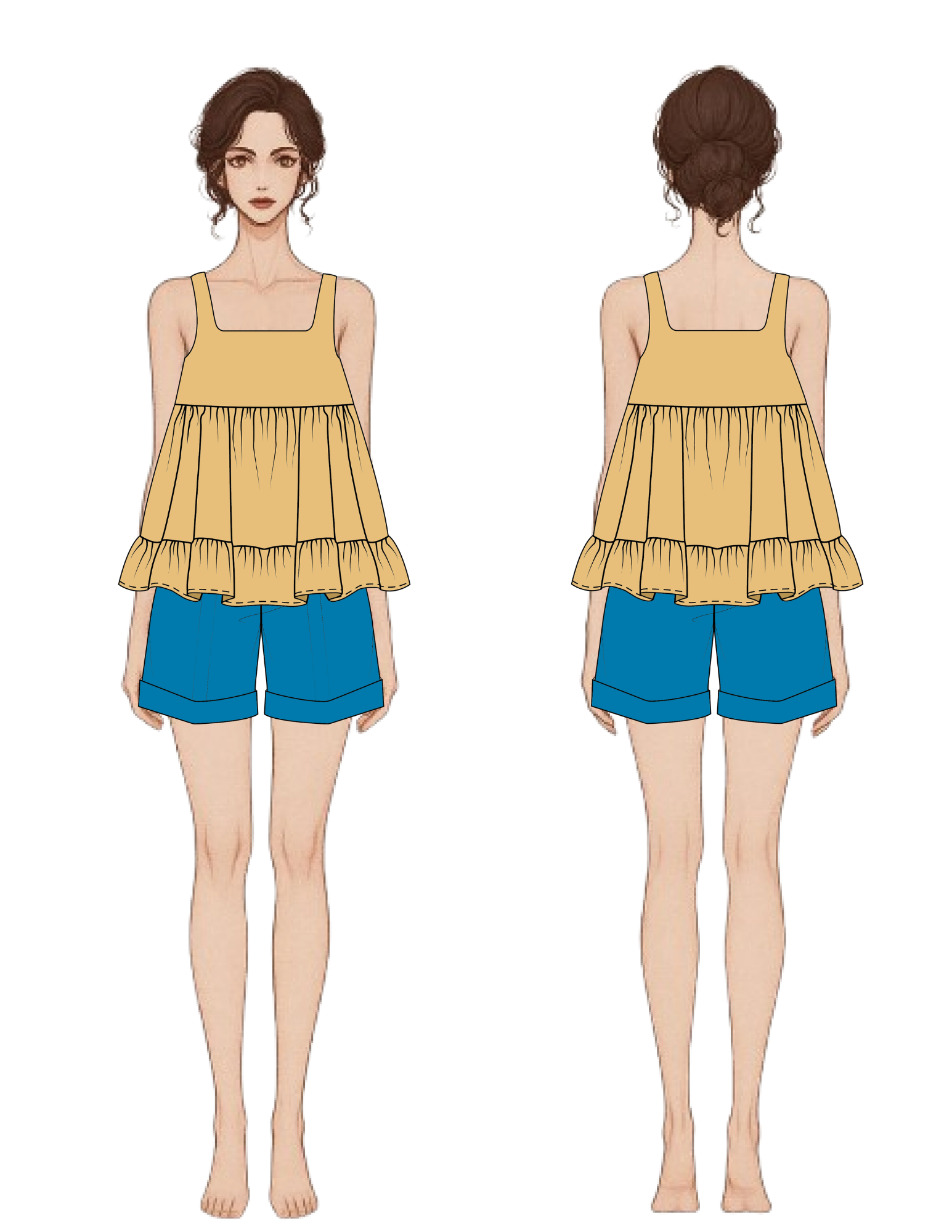 Front and back views of a sleeveless ruffled top and matching shorts set on a stylized female model, shown against a plain white background.