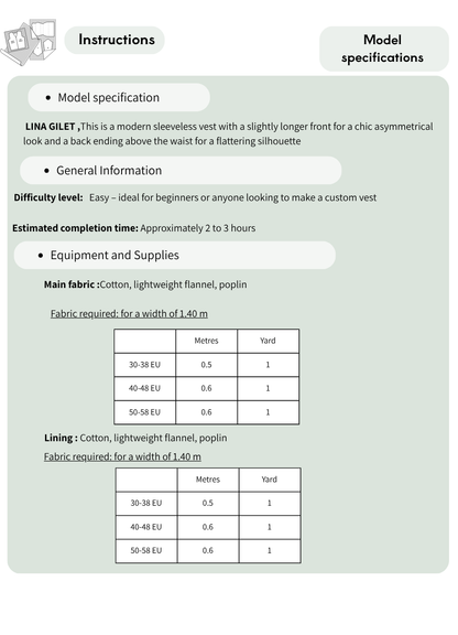 Beginner Vest Sewing Pattern PDF showing recommended fabrics, sewing supplies, and fabric requirements for a lined vest project