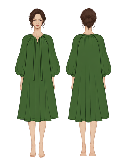 Bianca dress sewing pattern technical illustration showing front and back views with raglan sleeves