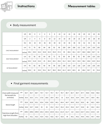 Bianca dress sewing pattern measurement chart with EU sizes 30-58 and garment measurements