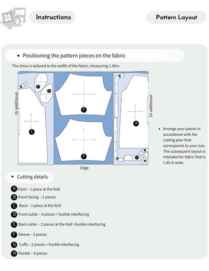 Bianca dress sewing pattern PDF cutting layout showing pattern pieces for 1.40 m wide fabric
