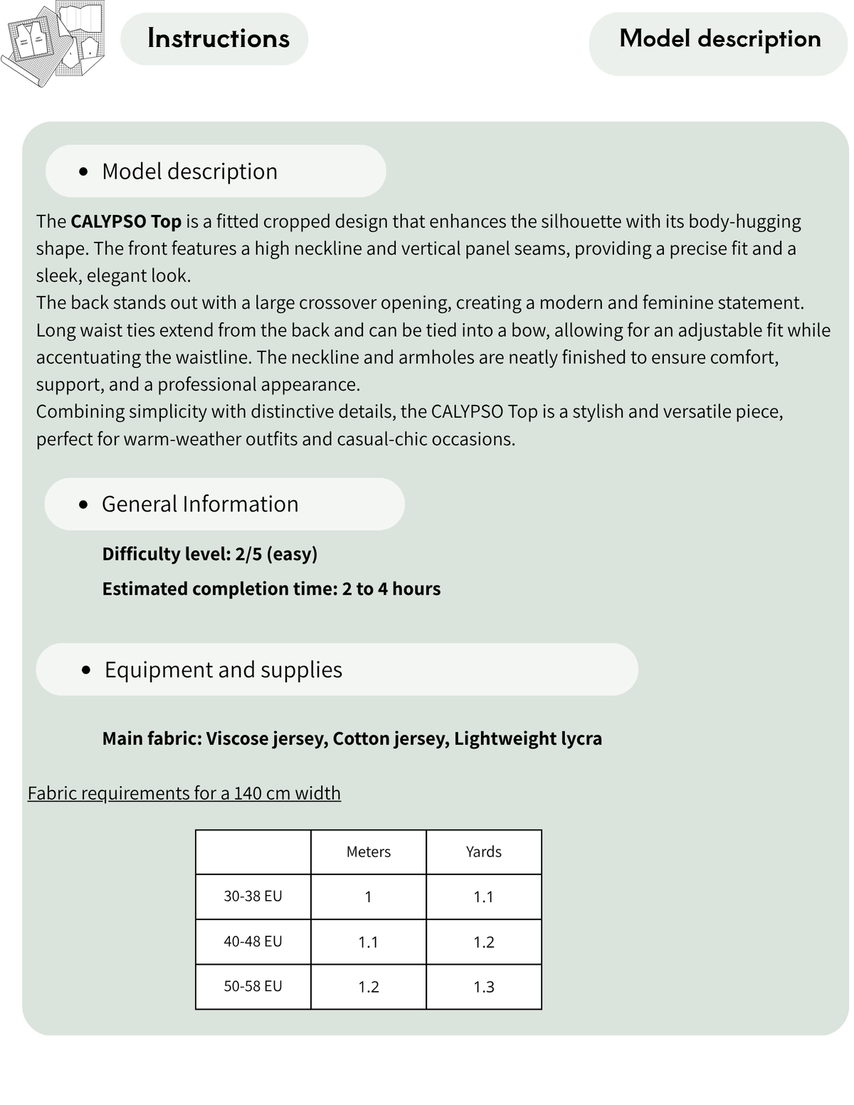 Calypso Top PDF sewing pattern description with fabric recommendations, difficulty level and fabric requirements