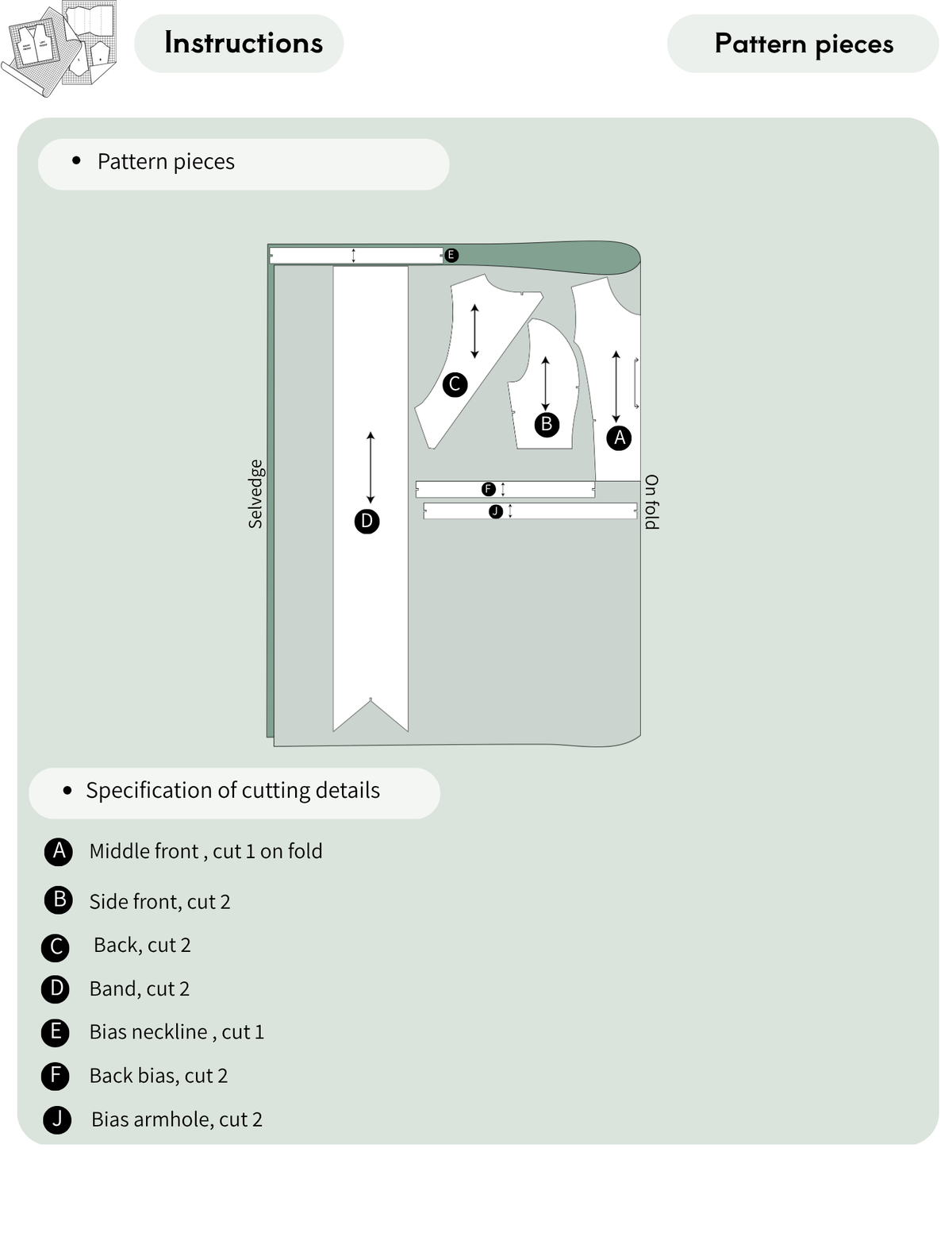 Calypso Top PDF sewing pattern pieces and cutting layout including front, side front, back, back band and bias pieces