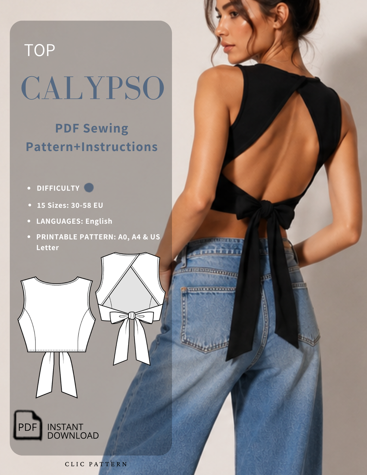 Calypso Top PDF sewing pattern cover featuring a fitted black cropped top with crossover open back and bow ties