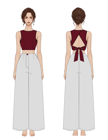 Calypso Top technical drawing showing front and back views, crossover back opening, neckline, armholes, back band and waist ties